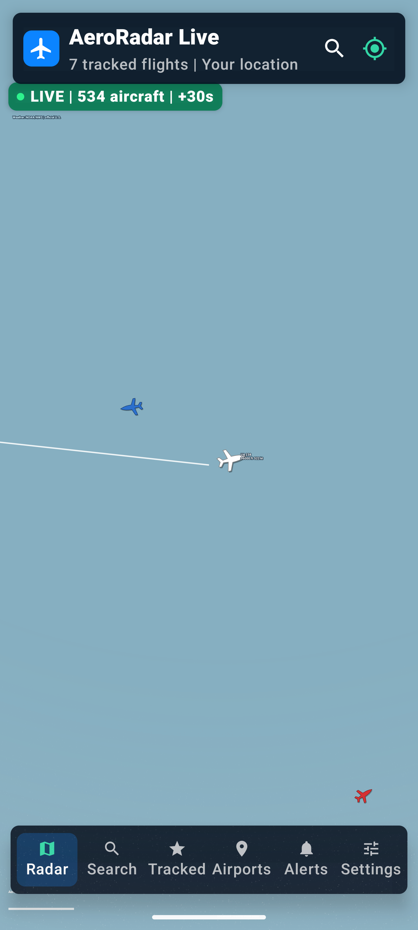 AeroRadar Live aircraft radar screenshot
