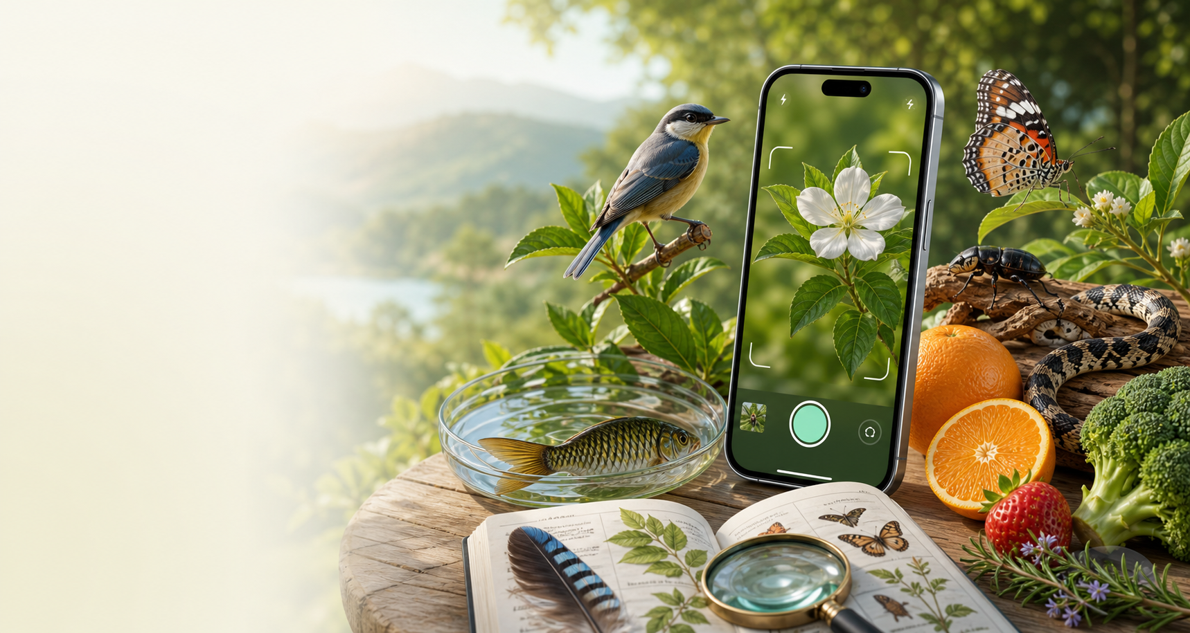 Field Guide app scanning plants and nature objects with birds, insects, fruit, vegetables, fish, and reptile details nearby